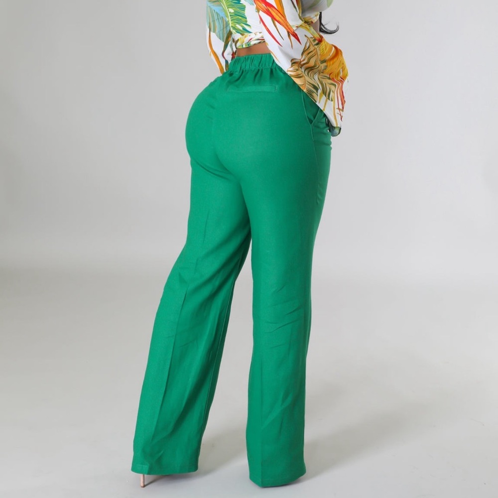 •Living For Linen• Green Linen Straight Front Single Button Wide Leg Pants - Picture 2 of 5